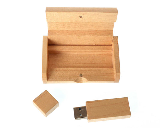 A Cathcart Elliot Personalised USB 3.0 32GB Maple wood Flash Drive with its cap removed is shown beside an open wooden box, both displayed on a white background.