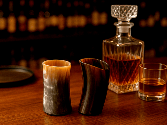 Two Cathcart Elliot Personalised 4 inch Ox Horn Drinking Cup Beakers rest on a wooden bar beside a decanter of amber liquor and a shot glass, with softly blurred bottles in the warm background.