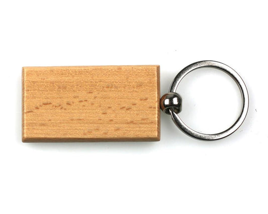 The Cathcart Elliot personalised rectangular beech wood key ring features a smooth finish and shiny circular metal keyring. The beautiful wood grain stands out against a plain white background, and you can add personalised text for a unique touch.