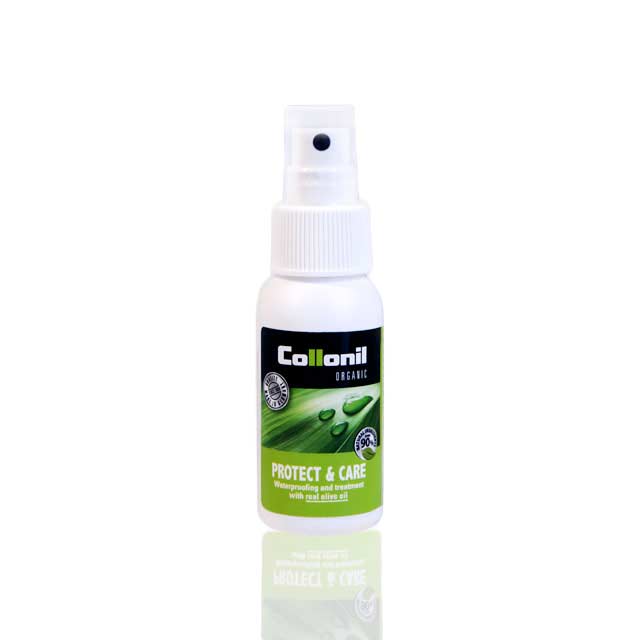 A 50ml Collonil Organic Protect & Care spray bottle, featuring a white design with green elements and eco-friendly ingredients like aloe vera and olive oil, provides excellent leather protection against a plain background.