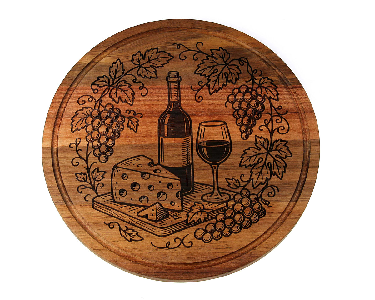 Personalised Round Acacia Wood Cheese and Cutting Board 25cm x 1.5cm engraved with a wine bottle, glass, and grapevines.