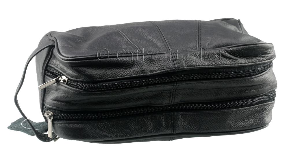 Premium Real Leather Washbag 2 Compartments and side zip