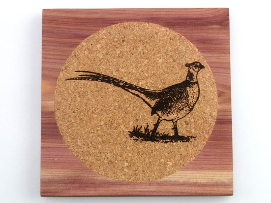 The Cathcart Elliot square cedar wood coaster drink mat (95mm x 95mm) features a circular engraved cork center with a black pheasant illustration—an elegant, custom touch for any setting.