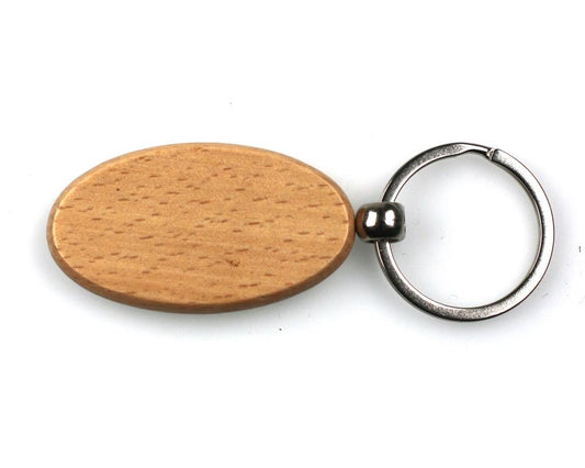 The Cathcart Elliot personalised oval beech wood key ring features a light beige solid beech finish and metal key ring, making it an elegant accessory perfect for customization.