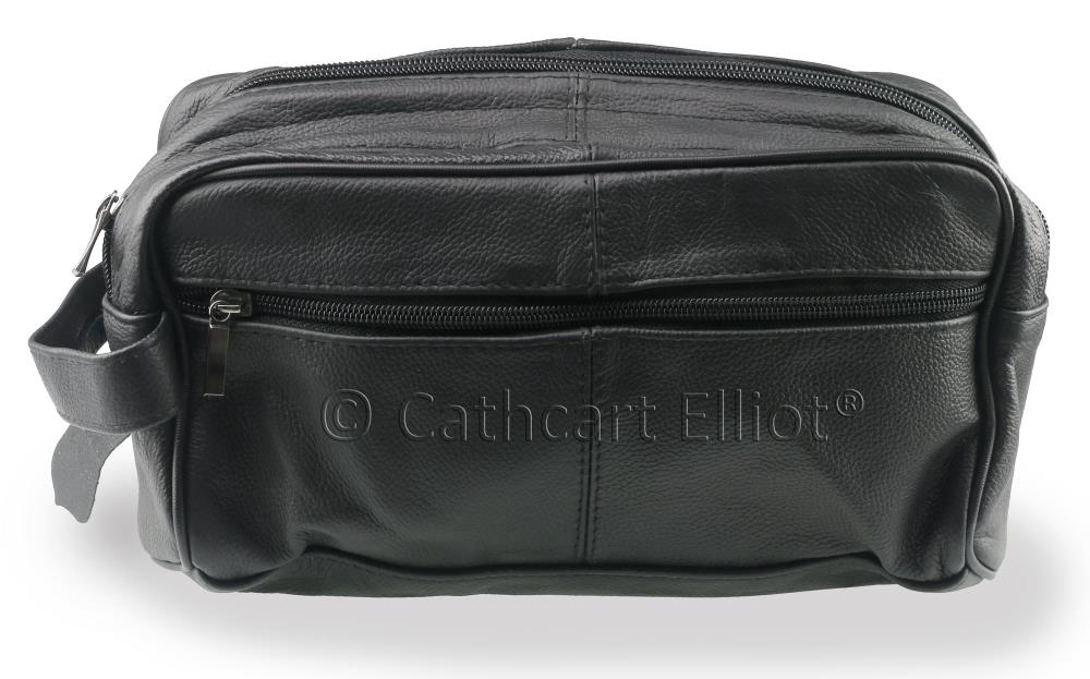 The Cathcart Elliot Premium Real Leather Washbag features two compartments, a side zip pocket, and a side handle, shown against a white background.