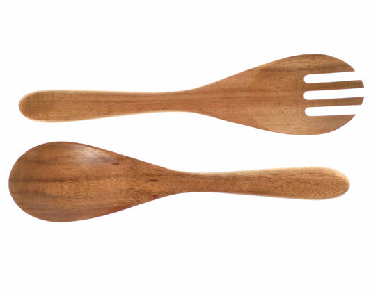 The Personalised Set of 2 Acacia Wood Salad Spoon and Fork Servers by Cathcart Elliot features a fork with three prongs and a spoon, both crafted from light brown acacia wood, positioned horizontally against a white background, ideal for customization to enhance your dining experience.