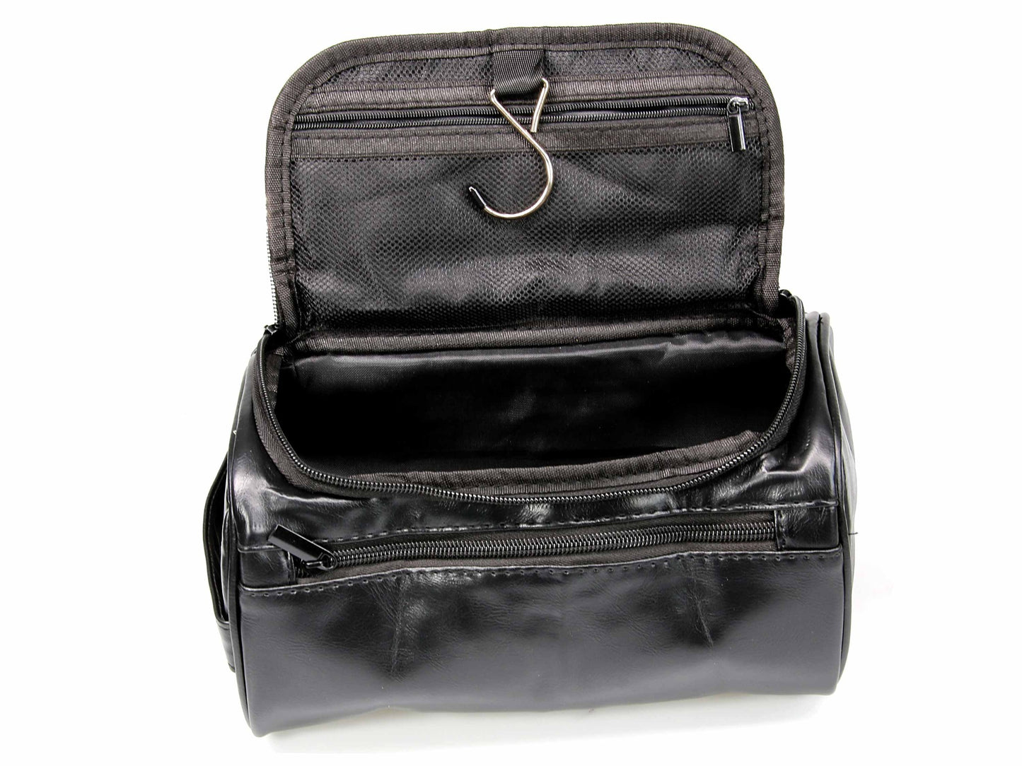 The Cathcart Elliot Black PU leather Water Resistant Washbag with Hanger Hook is shown in black, with a partially open zipper revealing its empty main compartment, a mesh pocket in the lid, and a metal hook for hanging.