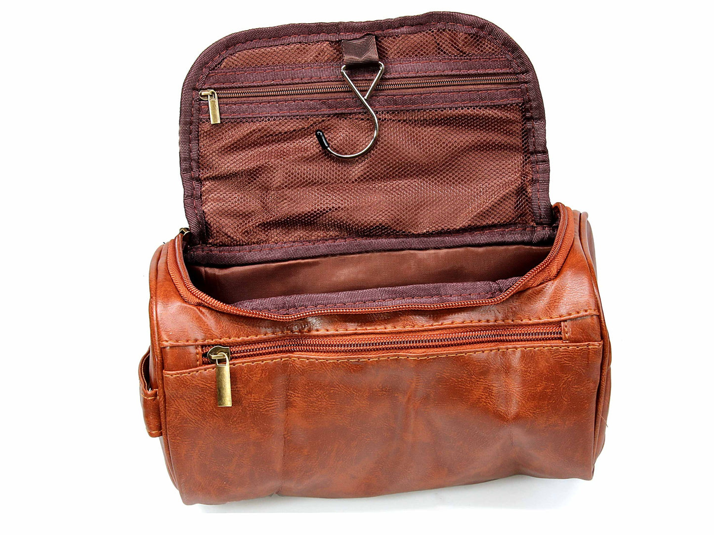 Brown PU leather Water Resistant Washbag with Hanger Hook