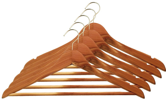 A fanned-out set of six Cathcart Elliot Sturdy 45cm cedar wood coat hangers with metal hooks, naturally moth-repellent and featuring notches on the shoulders for garments with straps.