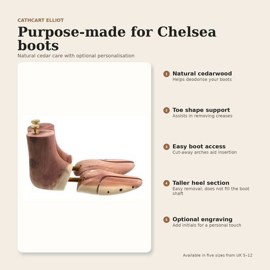 A pair of Cathcart Elliot Unisex Cedar Taller Chelsea Boot Shoe Trees for Boots with brass hardware are displayed beside a feature list, emphasizing benefits such as natural cedar wood construction, enhanced toe support, easy access for boots, elevated heel design, and optional personalized engraving.