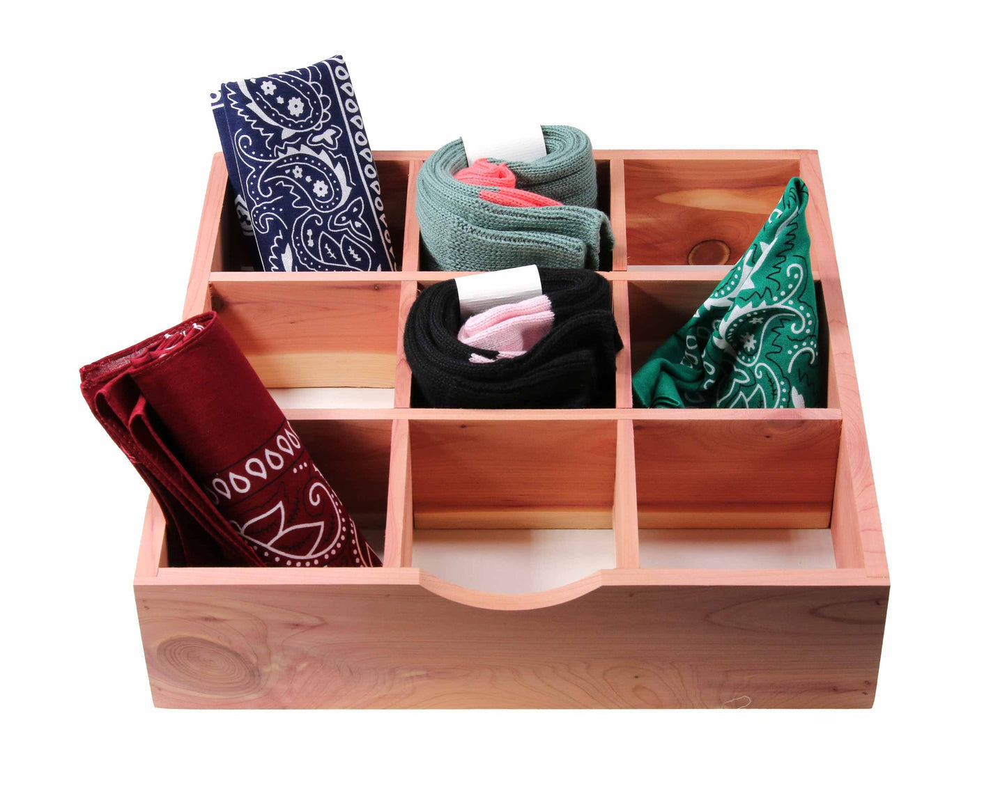 The Cathcart Elliot Cedar Wood Multi-Purpose Drawer Organiser (31cm x 31cm) neatly displays red, blue, green, and teal bandanas in its nine compartments—ideal for socks, ties, jewellery, watches, and accessories.