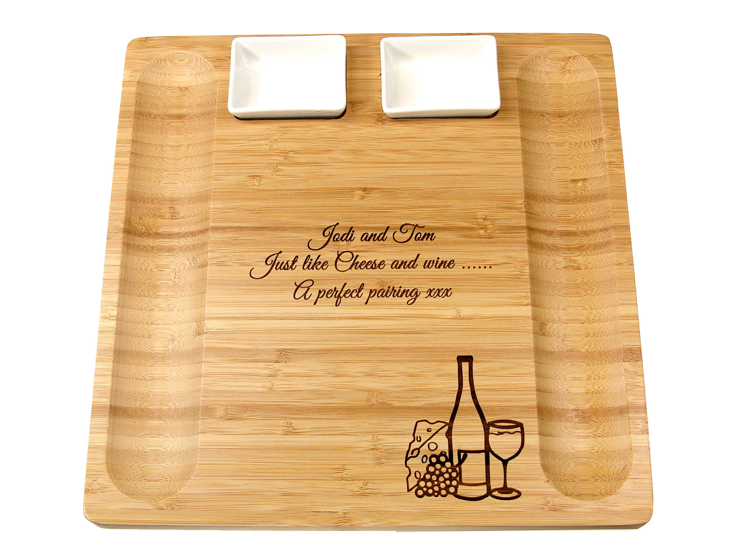 Personalised large 33cm x 33cm bamboo Cheeseboard and platter server board with 2 dishes by Cathcart Elliot