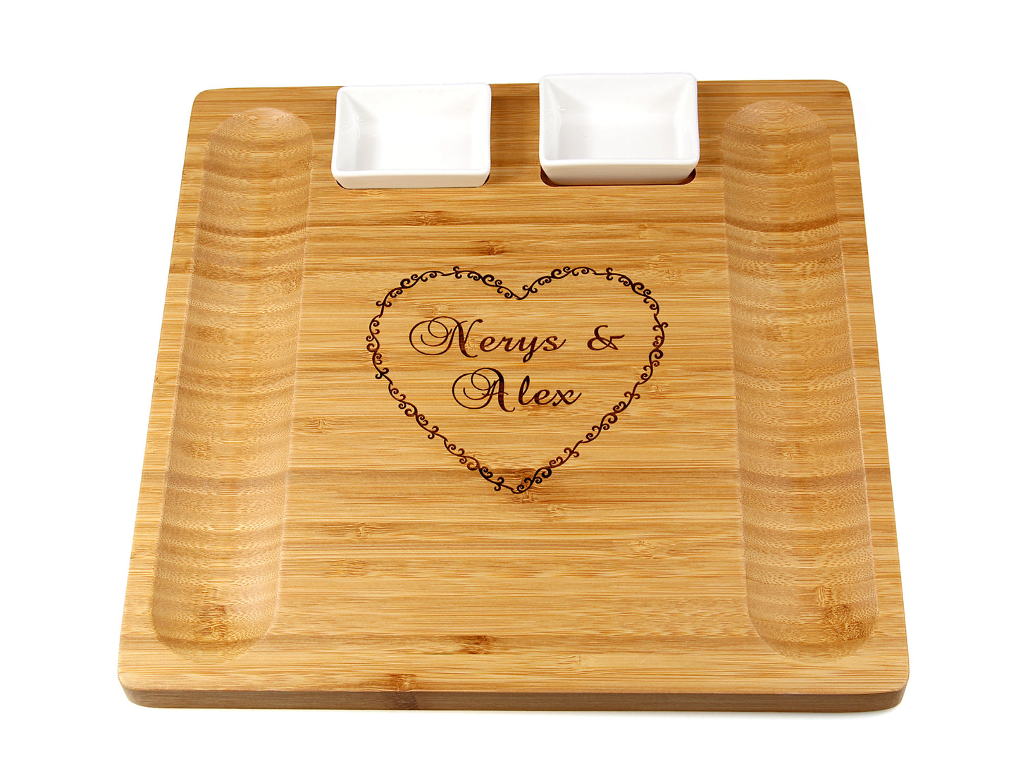 Personalised large 33cm x 33cm bamboo Cheeseboard and platter server board with 2 dishes by Cathcart Elliot