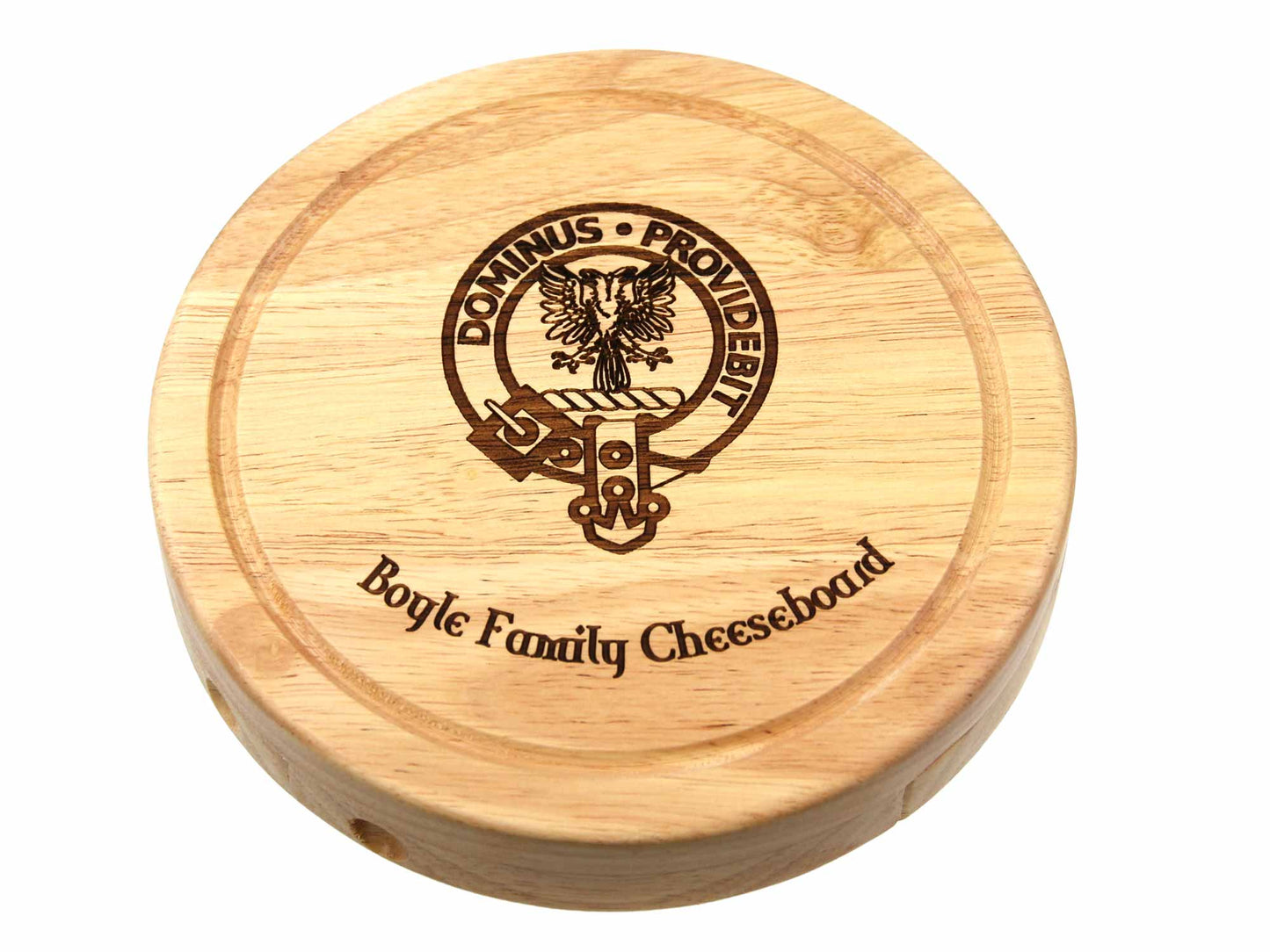 Personalisable 19cm Round Cheeseboard Gift Set with wire cutter and tongs