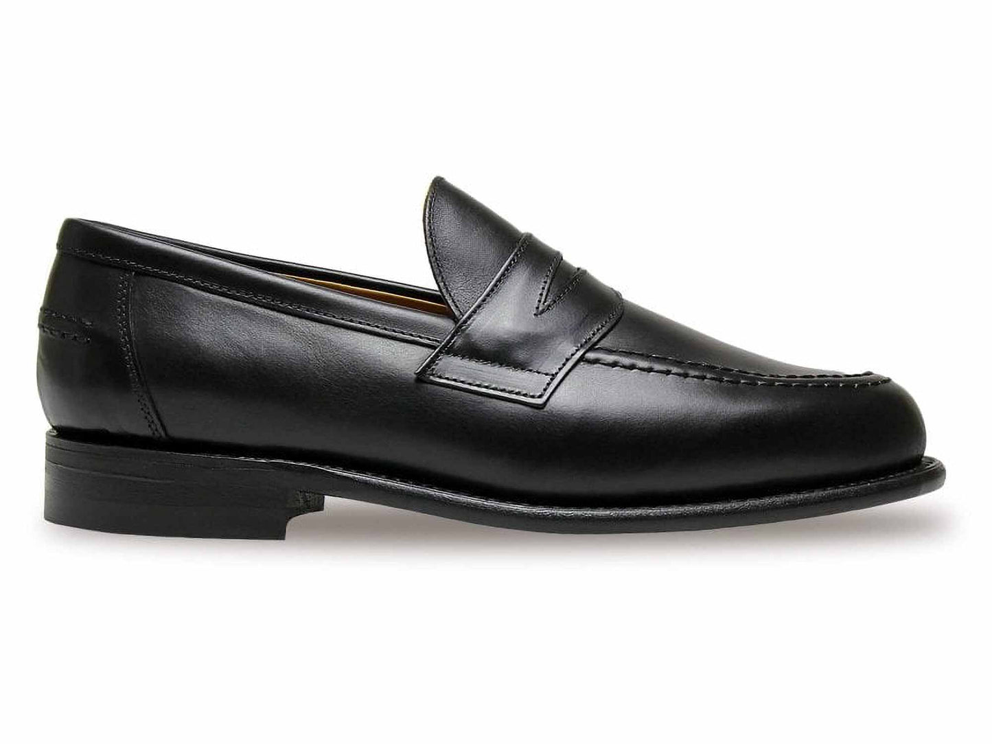 The elegant CLIVE Mens Black Calf Penny Loafer by Sanders features a sleek design, low heel, durable Goodyear welted construction, stitched seam along the top, and subtle penny slot on the upper. It rests against a plain white background, showcasing its sophisticated form.