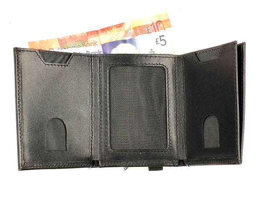 The Cathcart Elliot Compact Mini Black Leather Pocket Wallet is a slim, minimalist RFID wallet with card slots, a clear ID window, and space for coins and notes—perfect for daily use. £10 and £5 Scottish banknotes are partially visible behind it.