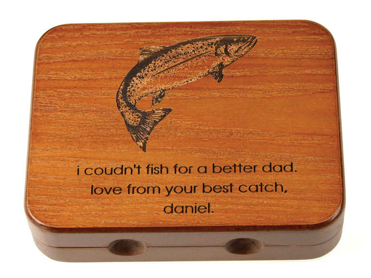 The Cathcart Elliot Personalised Wood Salmon / Trout Fly Box is ideal for fishing enthusiasts. Customise this elegant box for a unique touch, perfect for storing flies on your next salmon or trout adventure.
