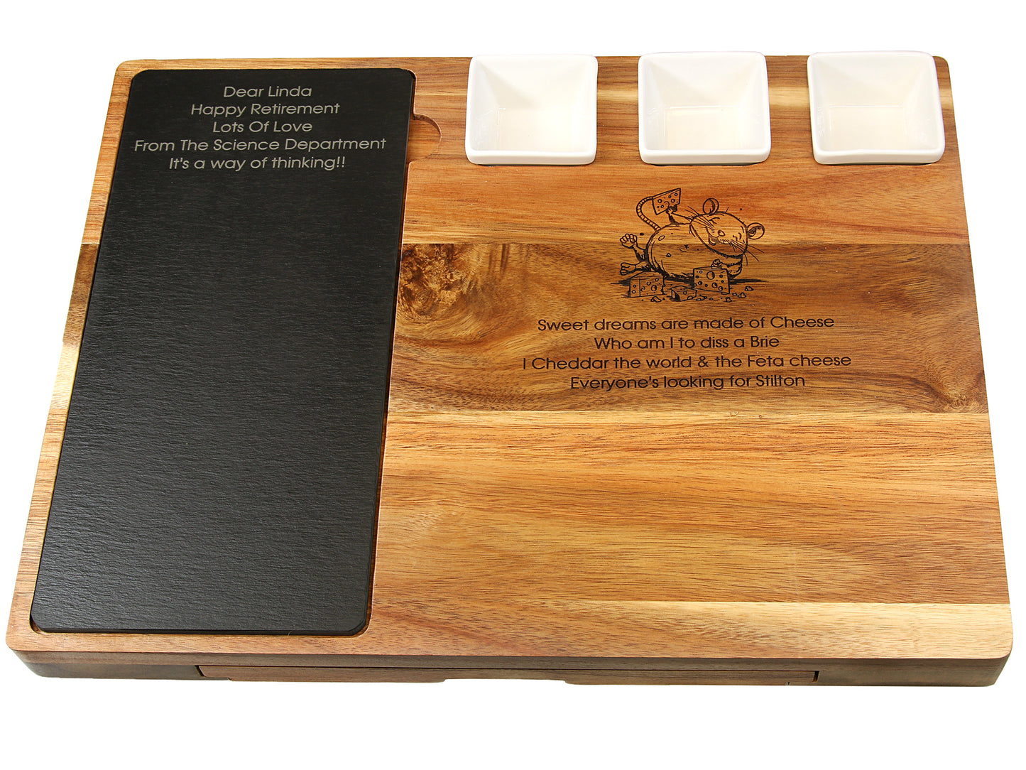 Deluxe Acacia Wood Cheeseboard Set wire cutter and dishes 44x33cm by Cathcart Elliot