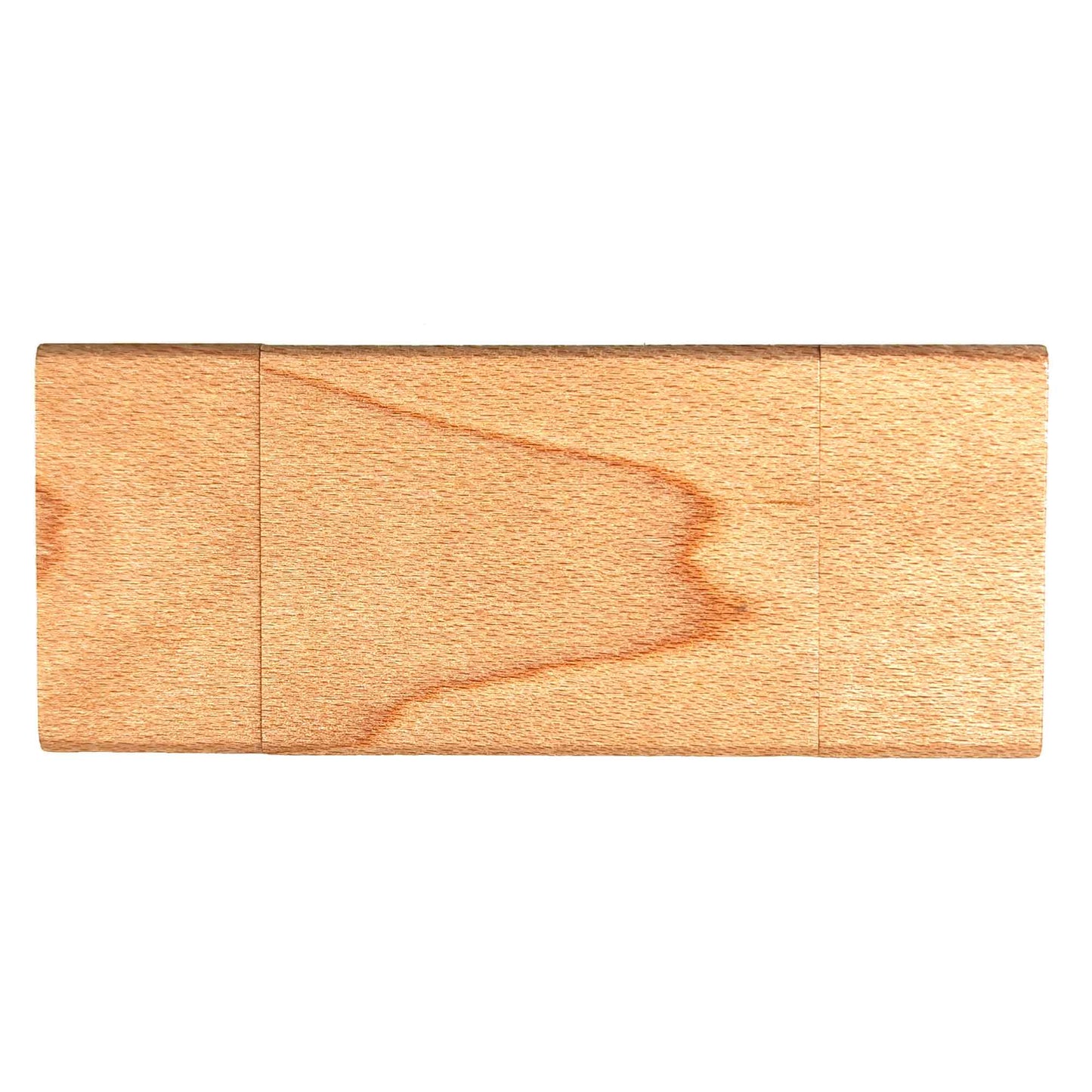 The Cathcart Elliot Personalised Wood Double Ended USB 3/USB C Flash Drive 16GB is a light brown rectangular block with visible wood grain, perfect for engraving. Its smooth texture and natural variations stand out against a white background, highlighting its dual-port design.
