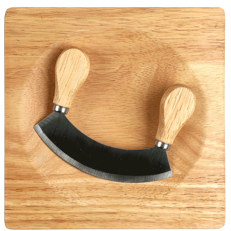 A Cathcart Elliot Personalised mezzaluna wooden herb chopper board features a stainless steel knife with wooden handles gracefully positioned at its center.