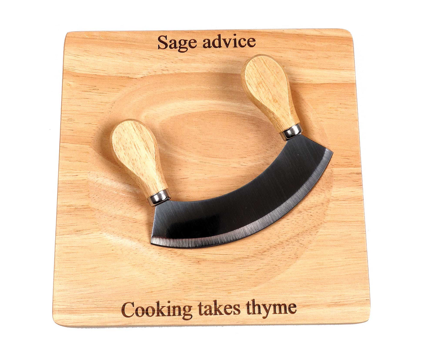 The Cathcart Elliot Personalised Mezzaluna Wooden Herb Chopper Board pairs a rubber wood board with an attached double-handled stainless steel chopper, adorned with the phrases Sage advice and Cooking takes thyme, combining charm and functionality for your kitchen.
