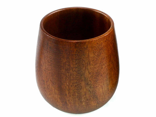 A smooth, round jujube wood water tea cup by Cathcart Elliot, personalised and finished with a slight gloss, is shown against a white background.