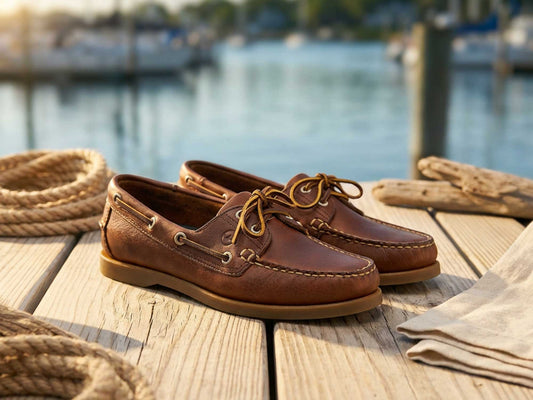 The Orca Bay Creek Ladies Boat Shoe in Havana full-grain leather with tan laces rests on a dock beside rope and driftwood, with blurred boats and water in the background.