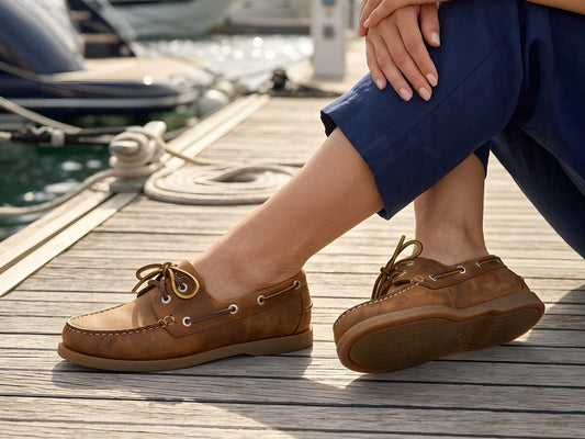 A person in navy pants sits on a wooden dock by the water, wearing Orca Bay Creek Sand Nubuck Women’s Boat Shoes from Cathcart Elliot. Their legs are crossed, with boats blurred in the background.