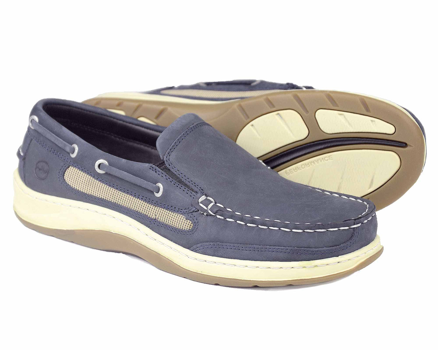 The LARGS Mens Navy Blue Performance Loafer Shoes by Orca Bay feature white stitching, tan non-marking rubber soles, decorative lacing, and mesh panels. One shoe is depicted upright and the other on its side displaying the sole.