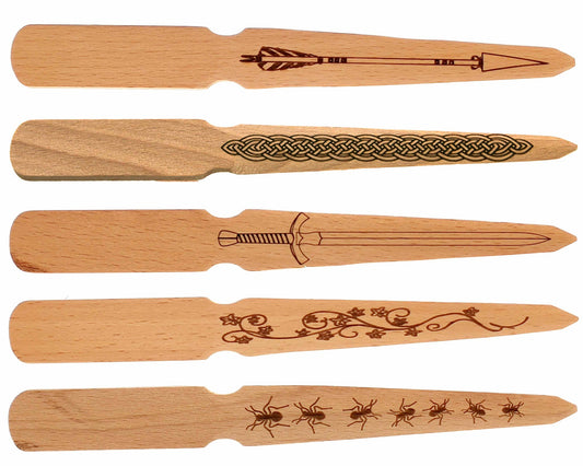 Set of five wooden bookmarks by Cathcart Elliot, each engraved with a unique design—arrow, Celtic knot, sword, vine with leaves, or five ants—perfect to pair with a Cathcart Elliot personalised beech wood letter opener.