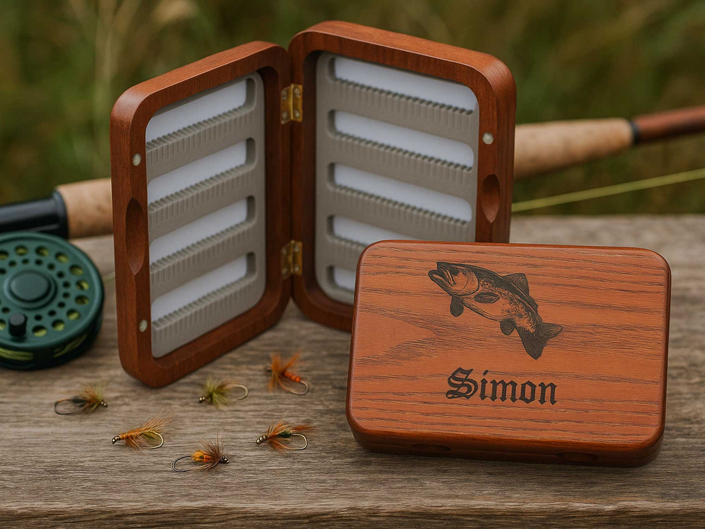 The Cathcart Elliot Personalised Wood Salmon / Trout Fly Box features a fish illustration and custom engraving of Simons name, shown open and closed with fishing flies and rod—a great gift for salmon & trout fishing enthusiasts.