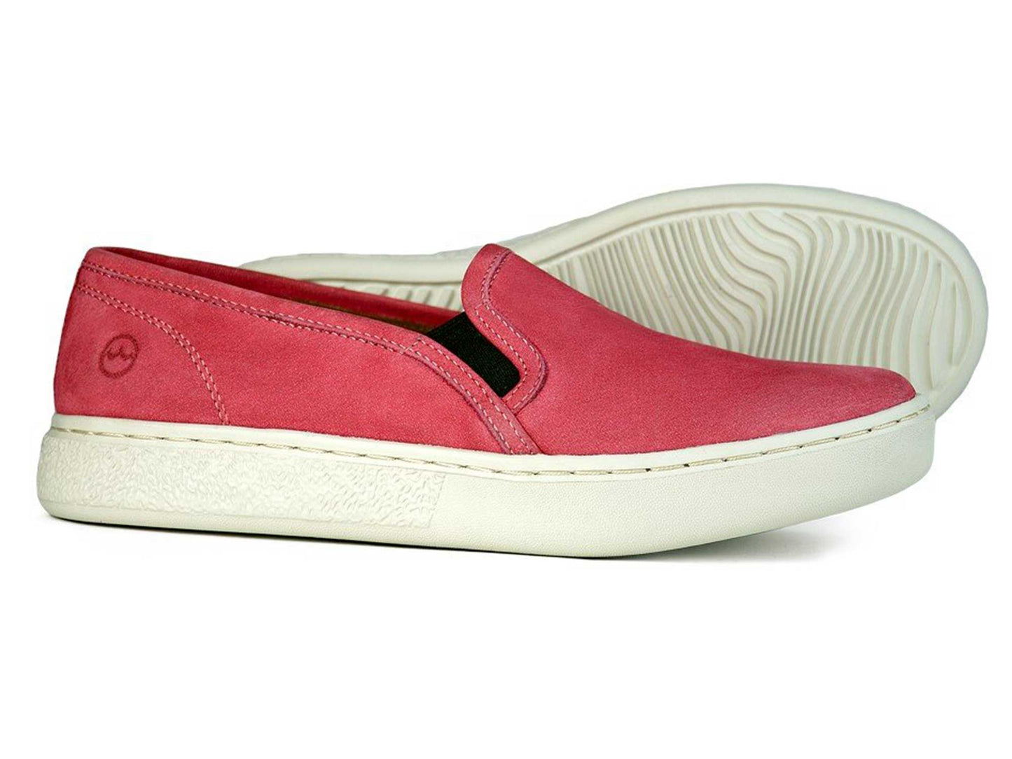 A pair of MARYLEBONE Ladies Raspberry Pink Summer Loafers by Orca Bay are shown—one upright, one on its side to display the textured white rubber sole and breathable leather design.