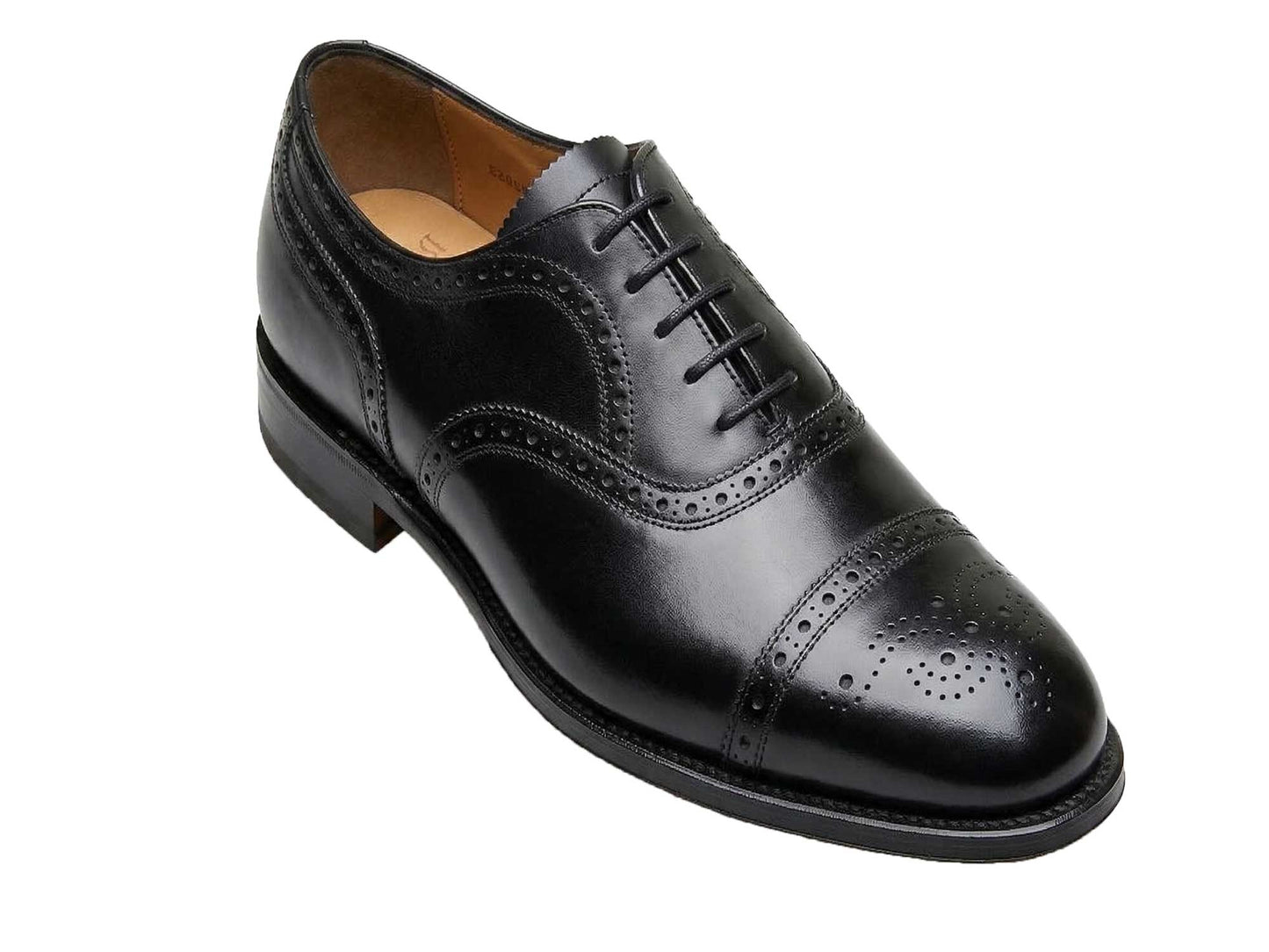The Sanders Moorgate Black Calf Half Brogue Oxford Shoe features Goodyear welted construction, a cap toe, brogue detailing, and black laces, shown here in black on a white background.