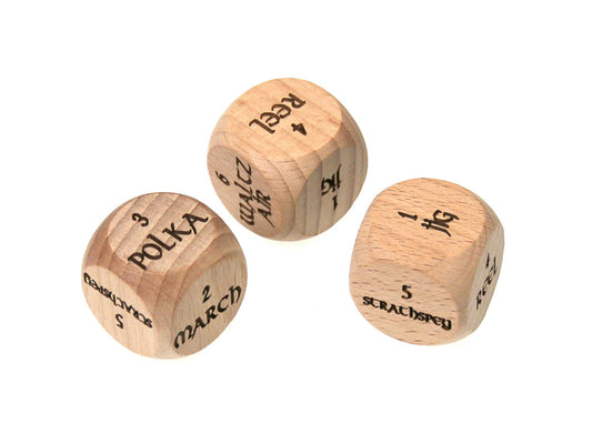 The Cathcart Elliot 30mm Beech Wood Dice—engraved with dance styles like Polka, Reel, March, and Scratchspin—make ideal personalised decision dice or novelty gifts for dance lovers. Shown on a white background.