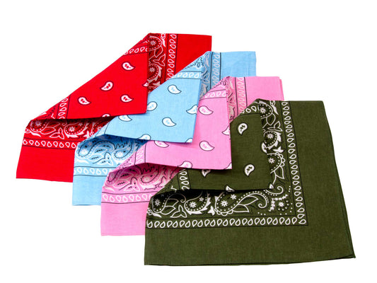 The Cathcart Elliot Set of 4 Paisley Pattern Giant Hankies, each 21-inch square and made from 100% cotton, features red, blue, pink, and olive green hankies with white paisley designs displayed on a white background.
