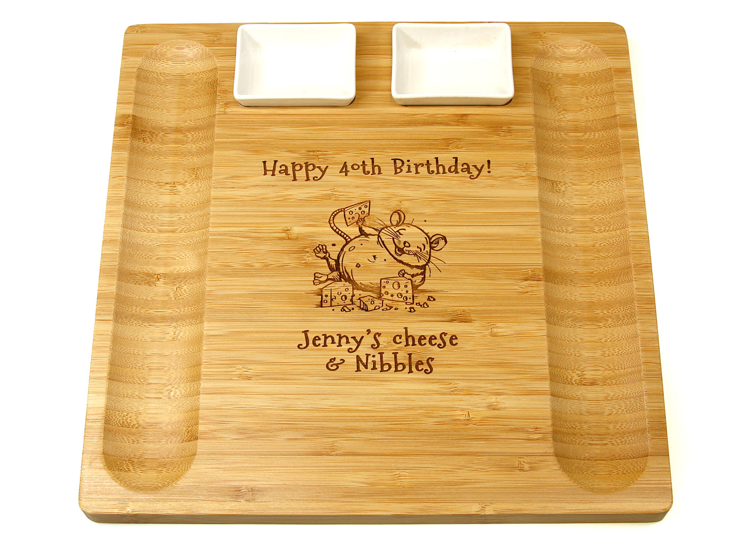 Personalised large 33cm x 33cm bamboo Cheeseboard and platter server board with 2 dishes by Cathcart Elliot