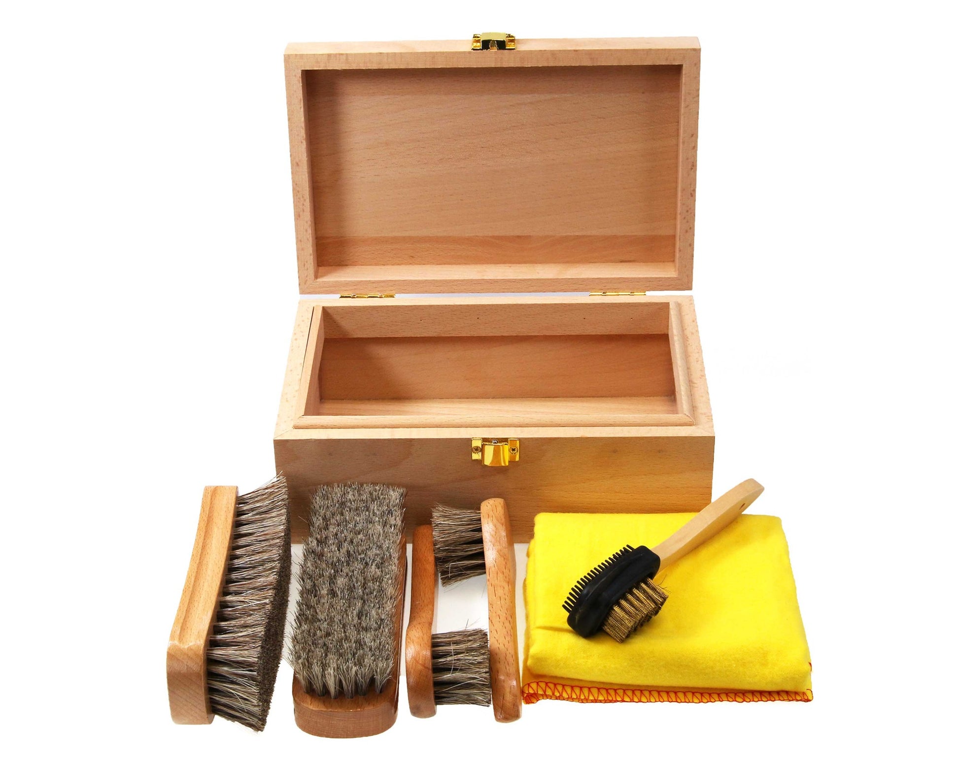 The Cathcart Elliot Personalised shoe valet box cleaning kit in a beech wood box (no polish) is shown open with an empty interior. In front, neatly arranged, are wooden handle brushes, a double-sided brush, and a folded yellow cloth.