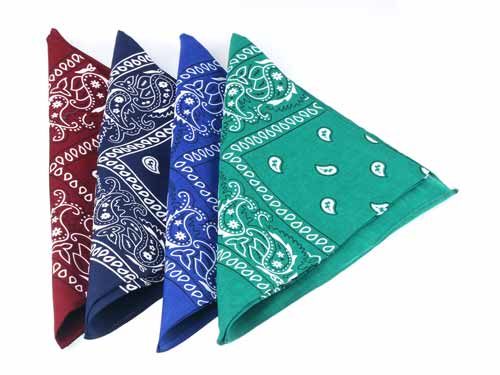 A set of 4 extra large 22-inch paisley cotton hankies by Cathcart Elliot, shown side by side in assorted colors on a white background.