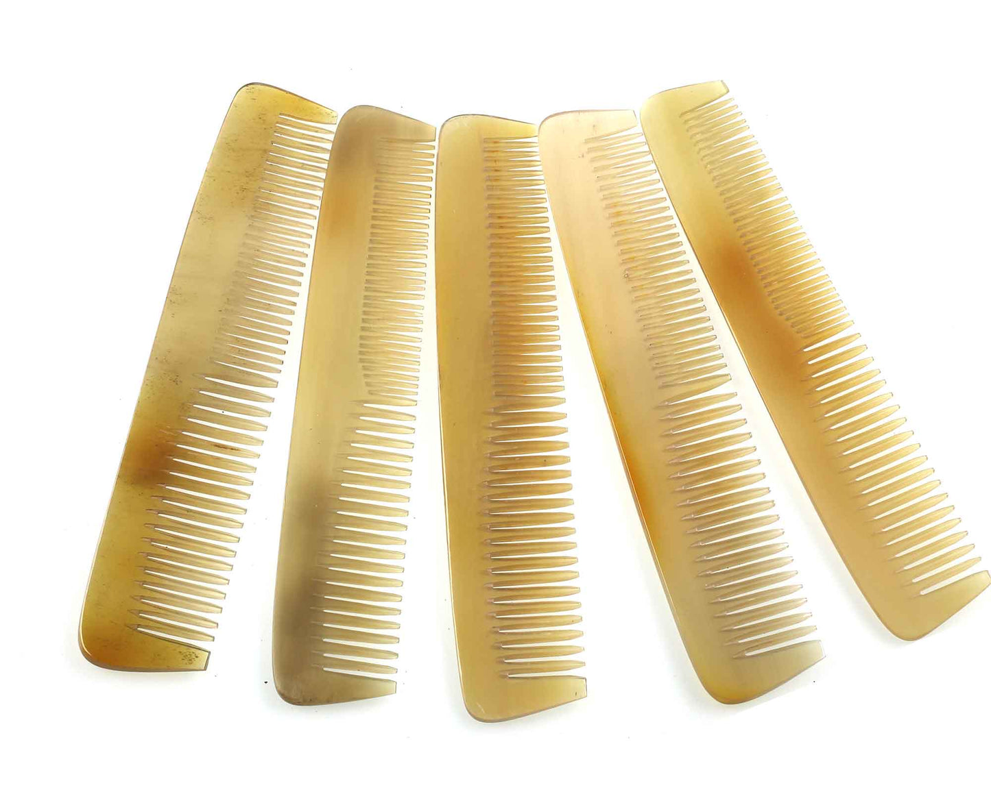 Five Cathcart Elliot Personalised Plain Pale/Translucent real horn combs, each 6 inches long, are arranged in a fan shape on a white background.