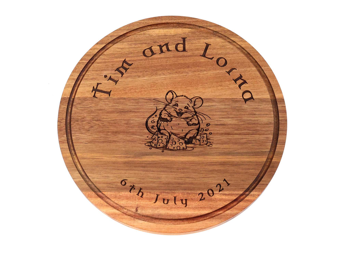 Personalised Round Acacia Wood Cheese and Cutting Board 25cm x 1.5cm engraved with a mouse, Tim and Lorna, and 6th July 2021.