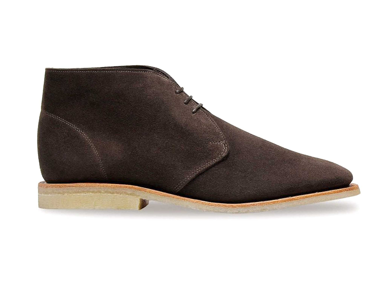 The Sanders Marvin Mocha Dark Brown Suede Chukka Boots feature minimal stitching, a light crepe sole, and Goodyear welted construction, shown in side profile against a white background.