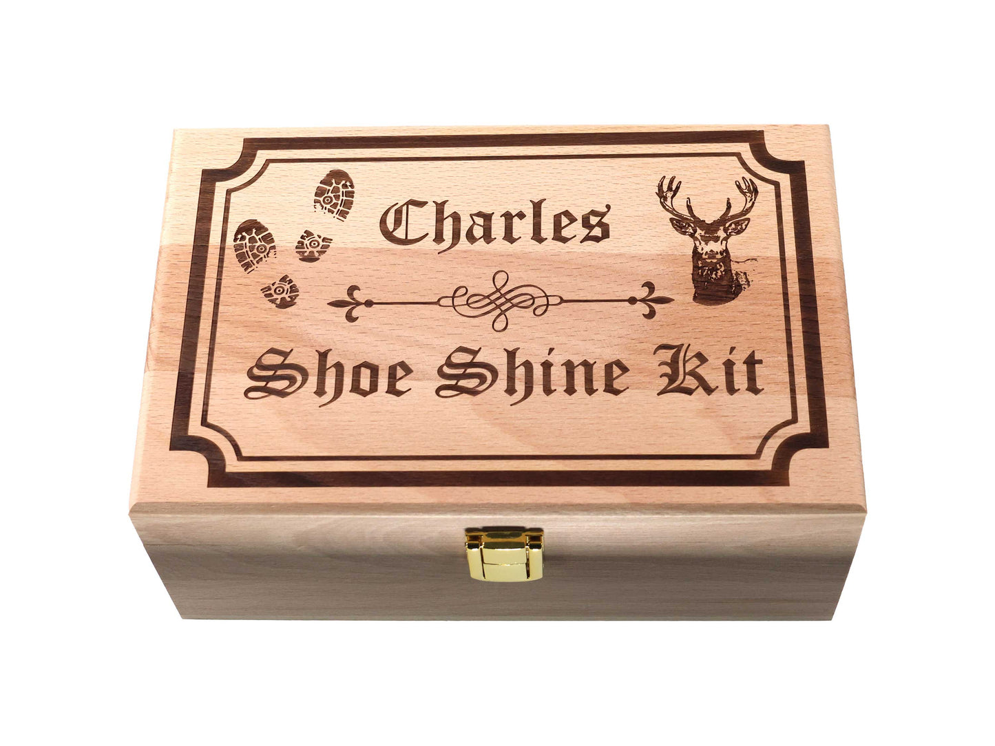 Personalised premium shoe cleaning kit in beech wood valet box Premium Wax Polish
