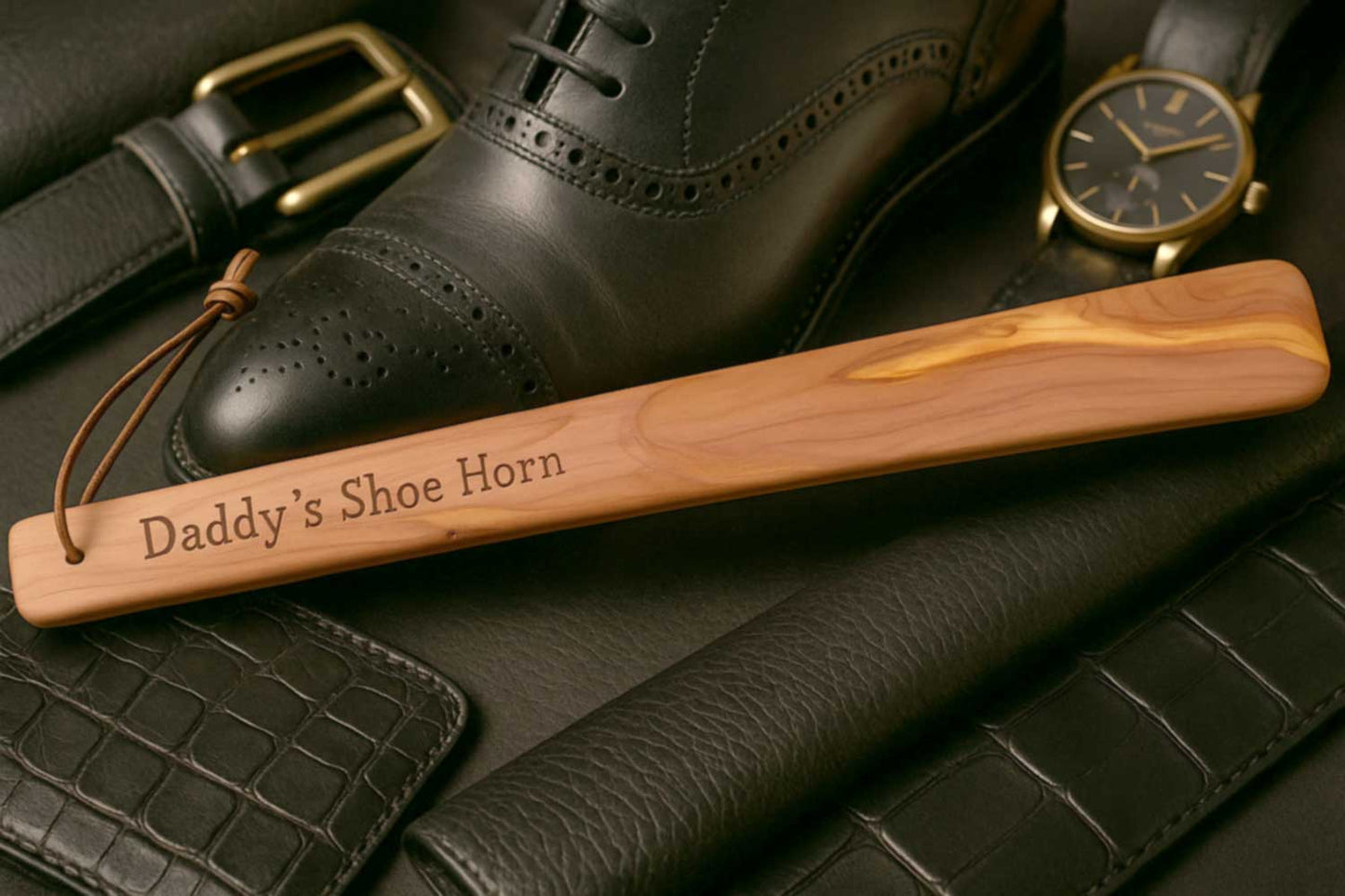 Personalised 40cm long cedar wood shoe horn