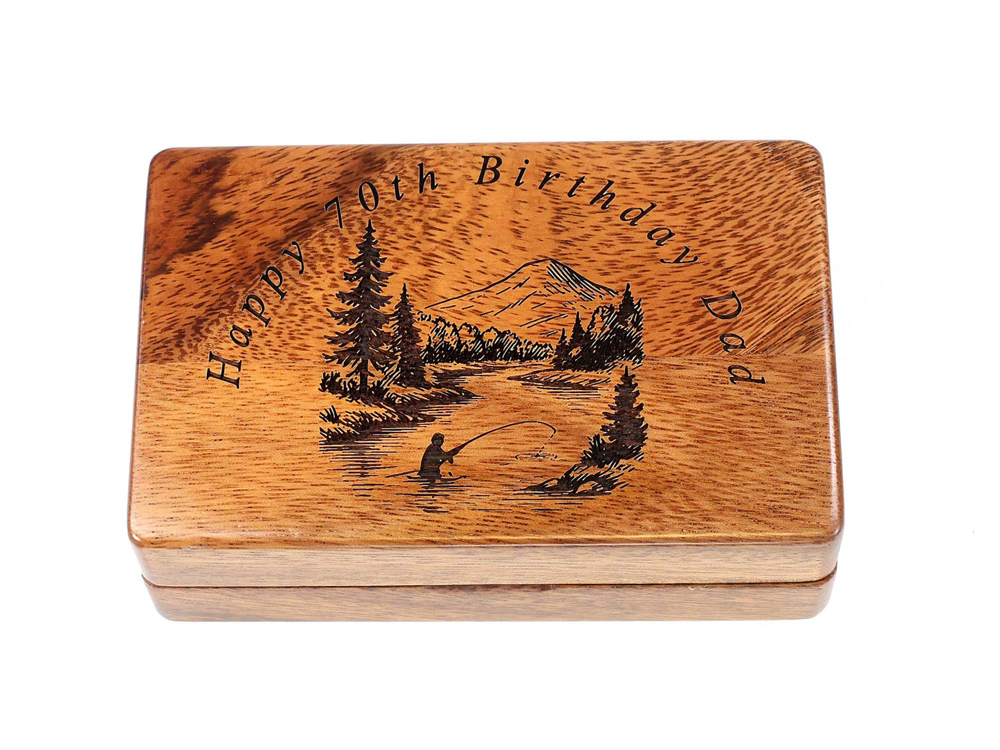Personalised Pocket Sized Walnut Fishing Fly Box Open Flat 14x9cm