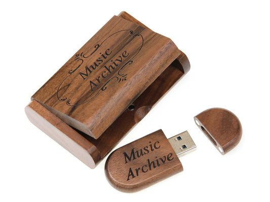 The Cathcart Elliot Personalised 32GB Walnut USB 3 Flash Drive and engraved walnut presentation box blend style and functionality, both marked with Music Archive. The cap rests beside the drive to reveal the USB connector.
