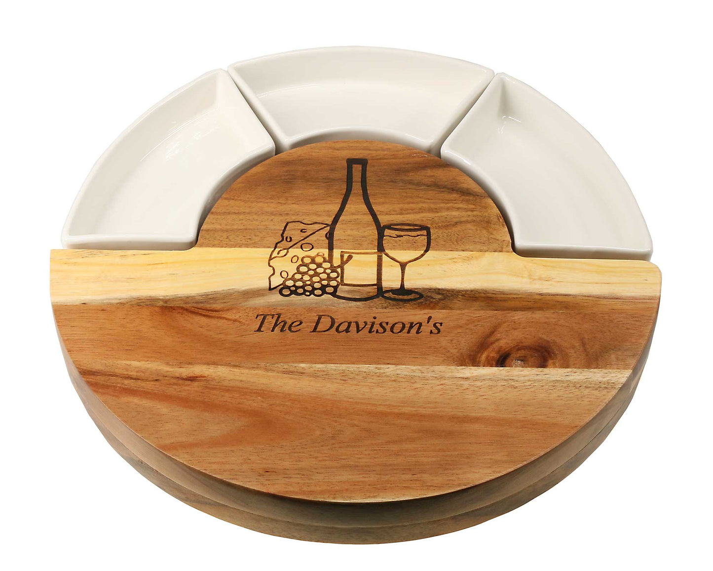Personalised 30cm Round Acacia Cheeseboard and Meat Platter with Dishes