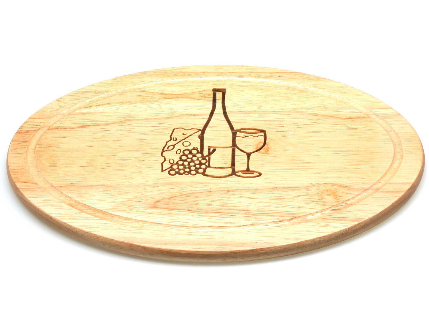 The Cathcart Elliot Personalised Oval Rubber Wood Bread Cheeseboard (32x19cm) features an engraved wine bottle, glass, grapes, and cheese—ideal as a custom cutting or cheese board for stylish entertaining.