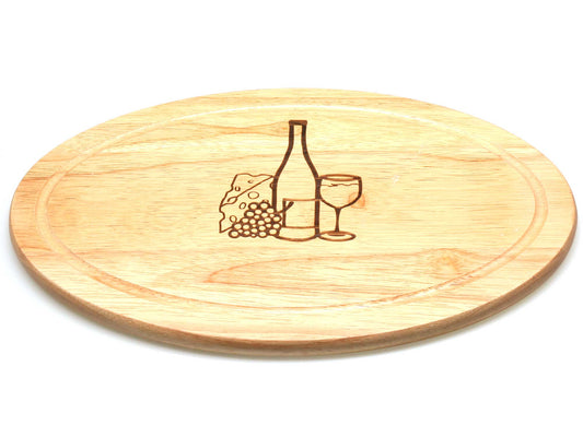 The Cathcart Elliot Personalised Oval Rubber Wood Bread Cheeseboard (32x19cm) features an engraved wine bottle, glass, grapes, and cheese—ideal as a custom cutting or cheese board for stylish entertaining.