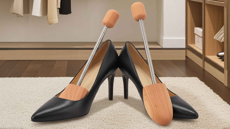 A pair of black high-heeled shoes with wooden shoe stretchers inserted, placed on a wooden floor in a closet or dressing room setting.