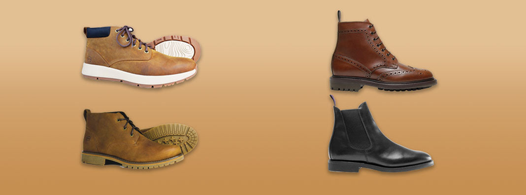Four pairs of shoes against a beige background: casual brown sneakers with white soles, light brown boots with rugged soles, brown brogue boots, and sleek black Chelsea boots.